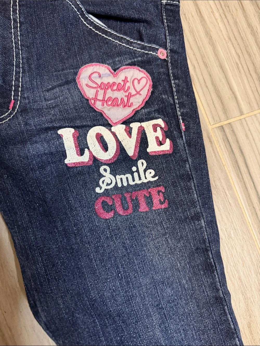 Girls' Dark Wash Jeans with Pink Heart Embroidery